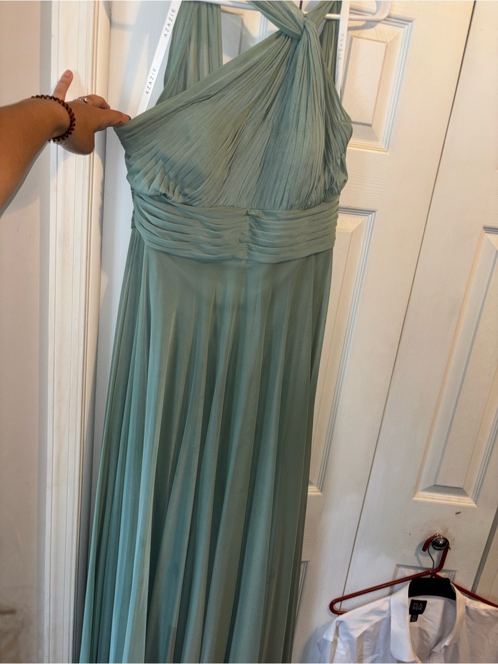 Azazie Sage Green Pleated Maxi Dress